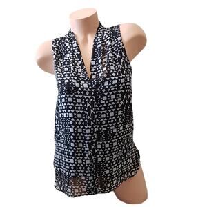 Vince Camuto Black Grey V Neck Silky Printed Sleeveless Career Blouse XS